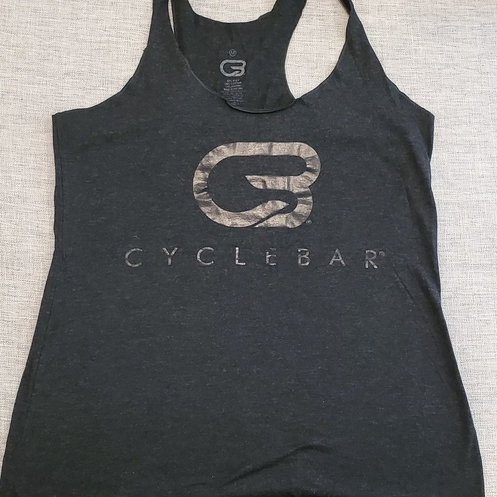 Cyclebar Dark Heathered gray racerback tank, size M, Cotton Blend, black CB logo